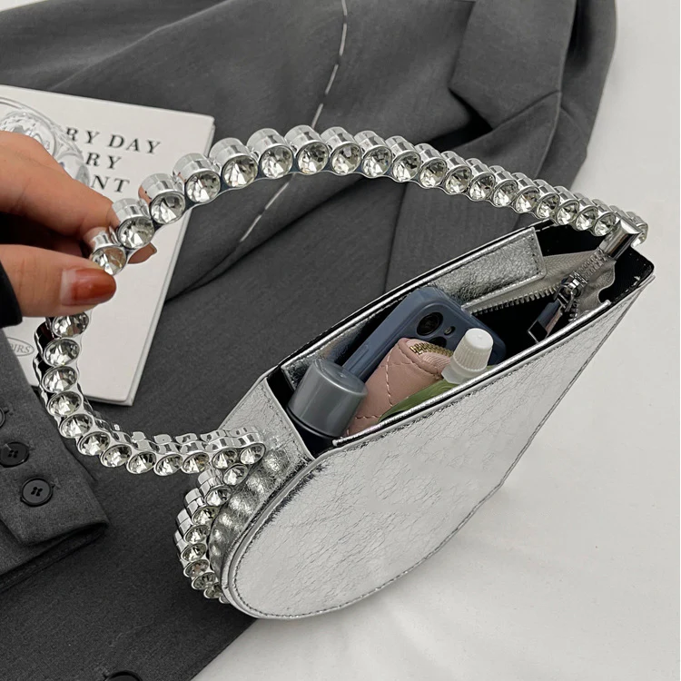 Silver Sweet Heart PU Fashion High-End Evening Clutch Bag with Rhinestone - QUGEX