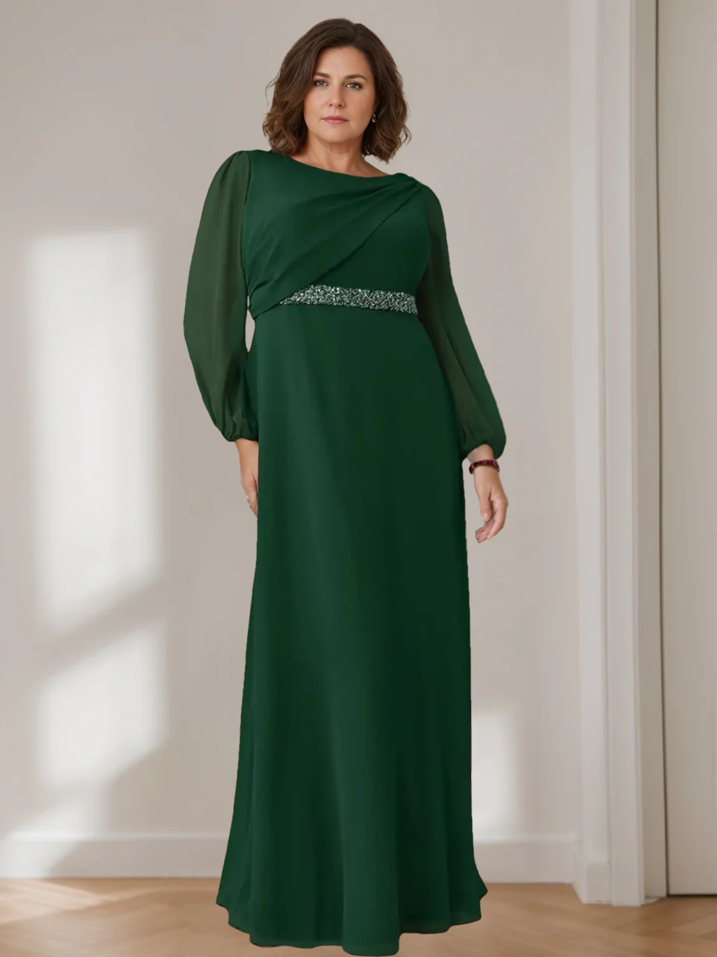 A-Line/Princess Scoop Long Sleeves Floor-Length Plus Size Mother of the Bride Dresses with Beaded, Pleated & Cascading Ruffles - QUGEX