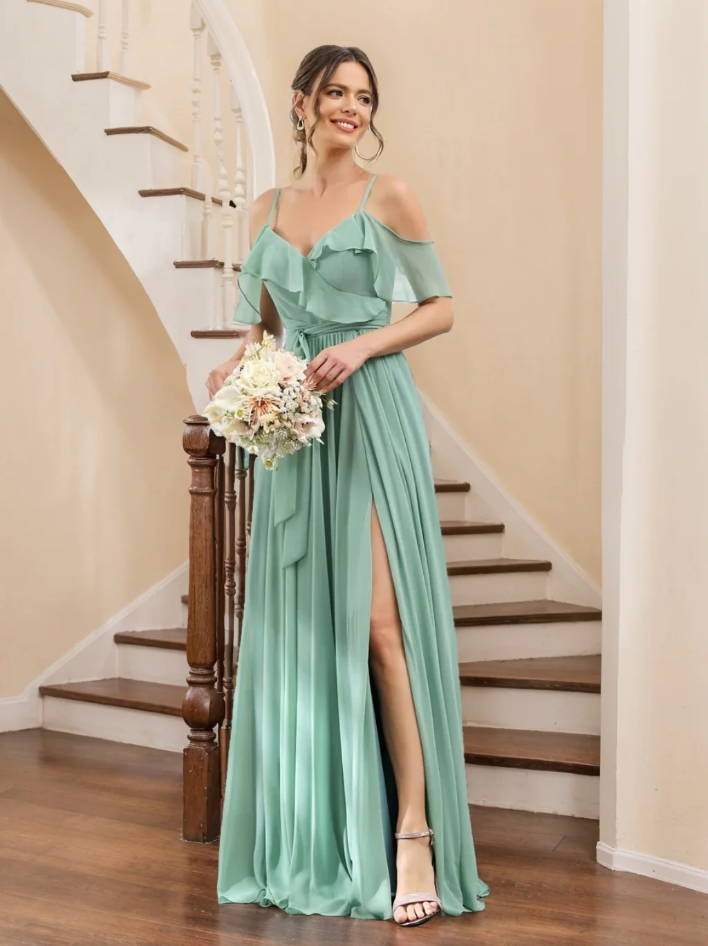 A-Line/Princess V-Neck Spaghetti Straps Floor-Length Bridesmaid Dresses with Pockets - QUGEX