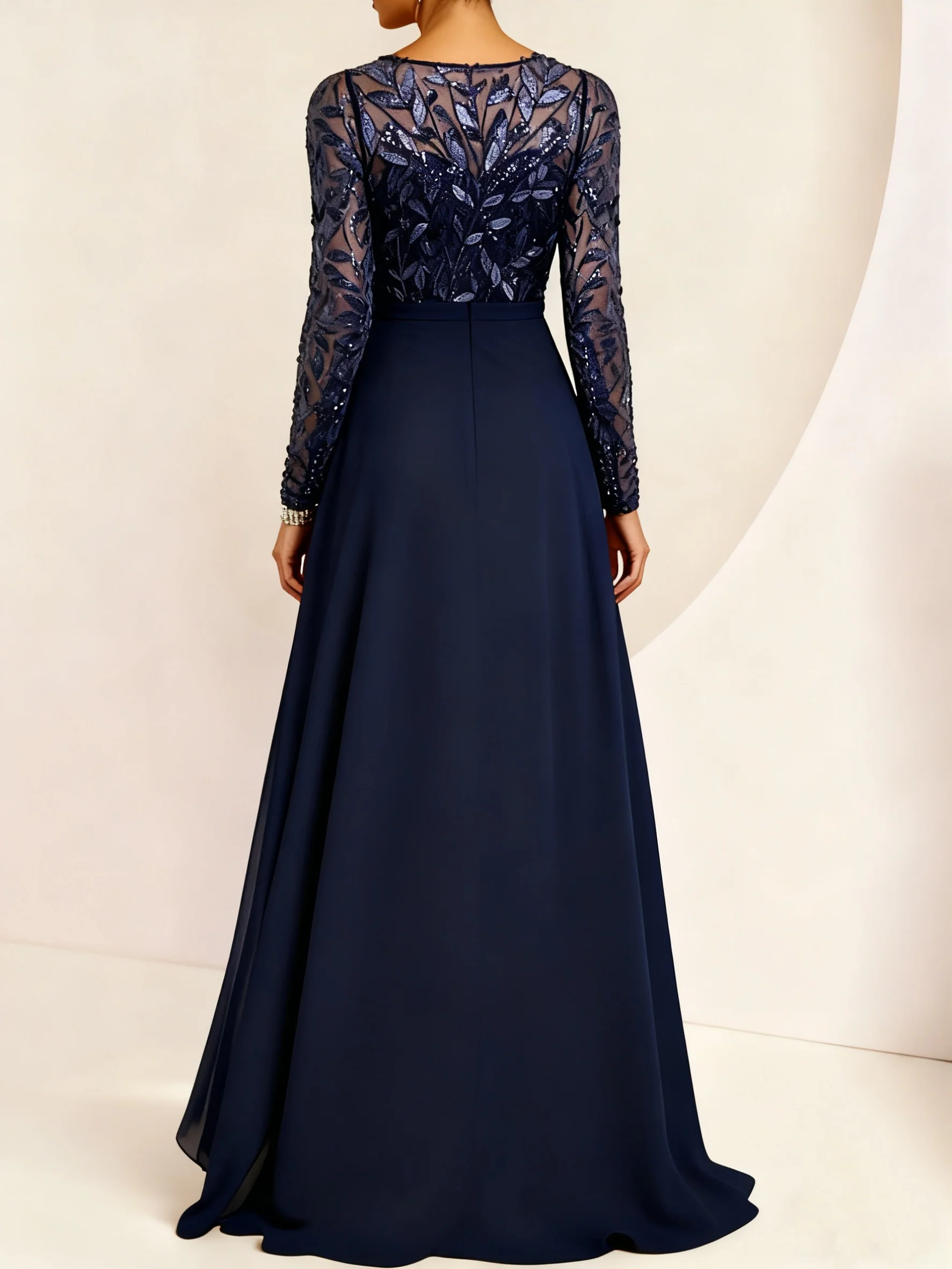 A-Line/Princess Scoop Long Sleeves Floor-Length Mother of the Bride Dresses with Split Side, Ruffles & Sequins - QUGEX