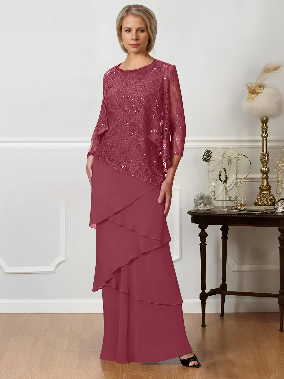 A-Line/Princess Jewel Neck Floor-Length Mother of the Bride Dresses - QUGEX