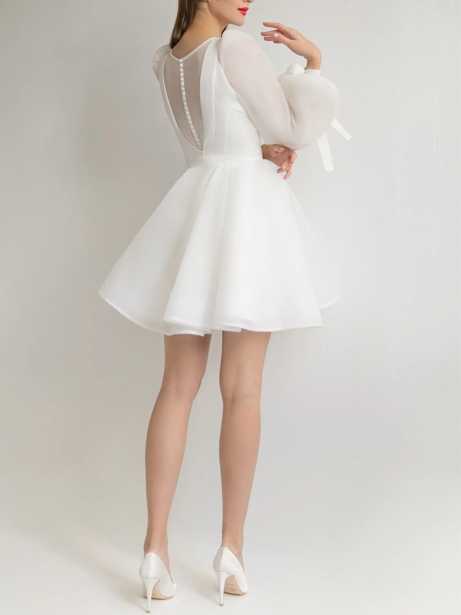 A-Line/Princess Scoop Neck Long Sleeves Mini Wedding Dress - QUGEX