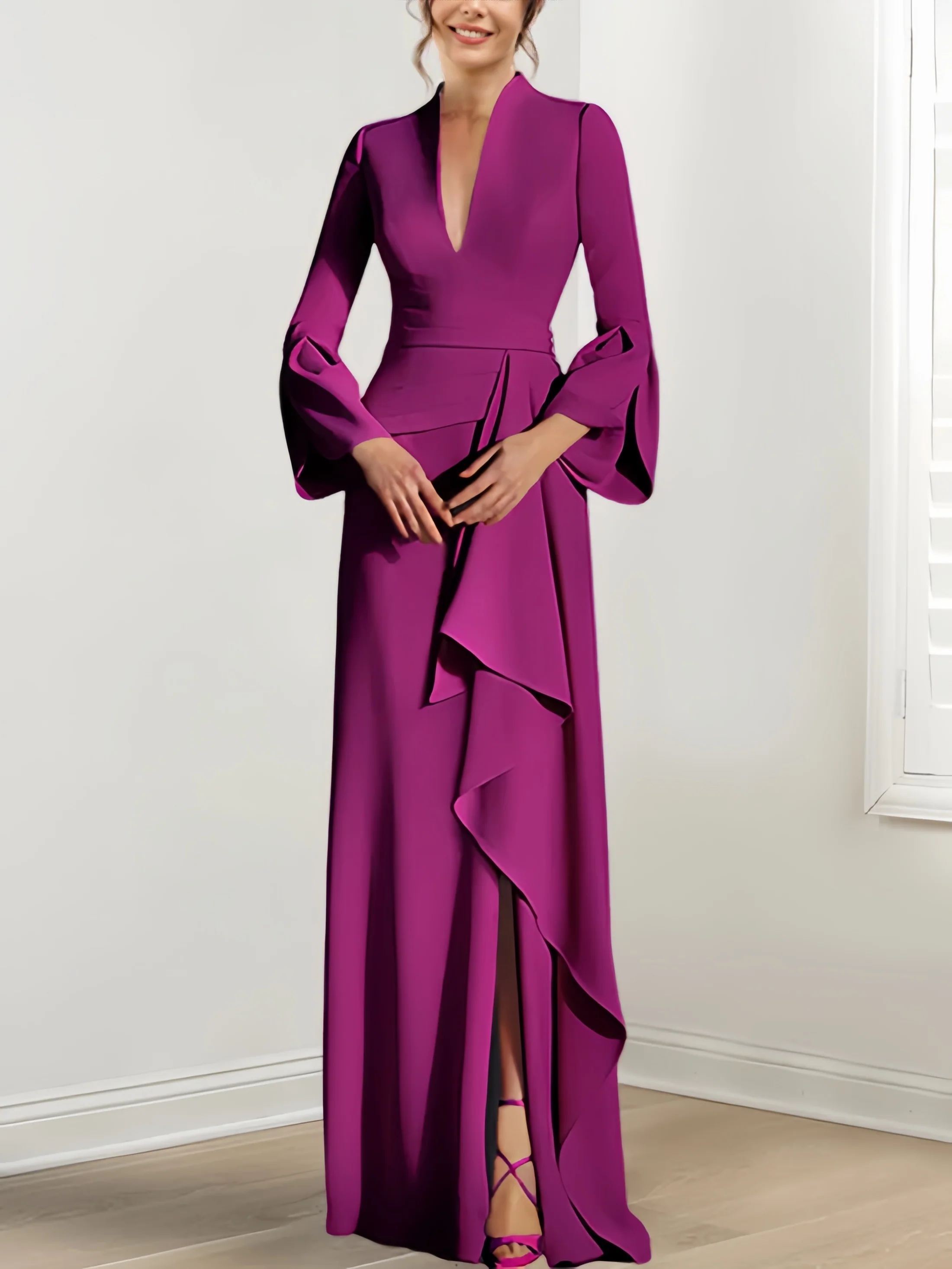 Sheath/Column V-Neck Long Sleeves Floor-Length Mother of the Bride Dresses With Split Side - QUGEX