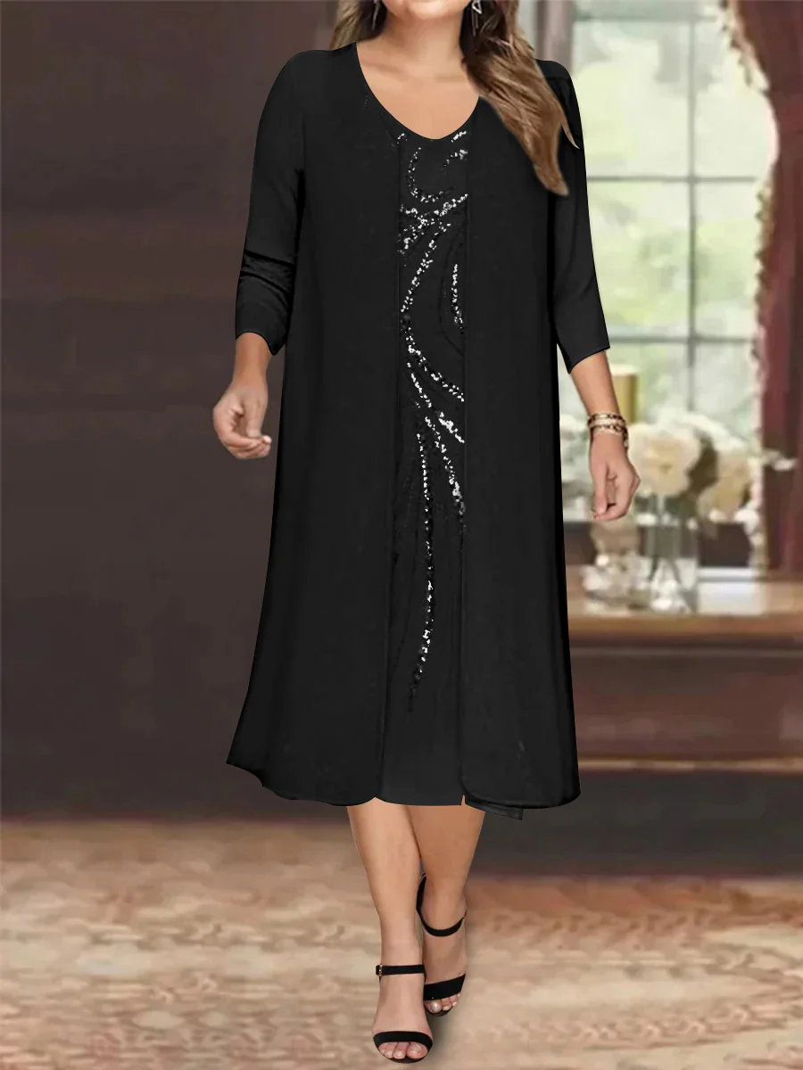 Sheath/Column V-Neck Long Sleeves Tea-Length Plus Size Mother of the Bride Dresses with Jacket & Sequins - QUGEX