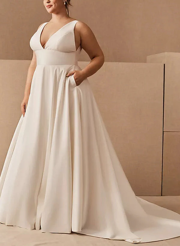 A-Line/Princess V-Neck Plus Size Wedding Dress with Pockets - QUGEX