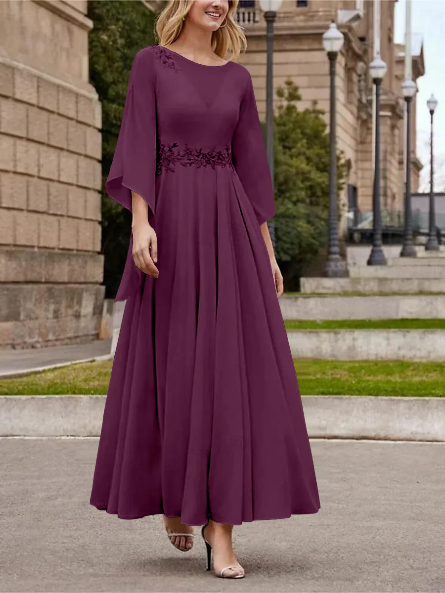 A-Line/Princess Jewel Neck 3/4 Length Sleeve Ankle-Length Mother of the Bride Dresses with Sequins - QUGEX