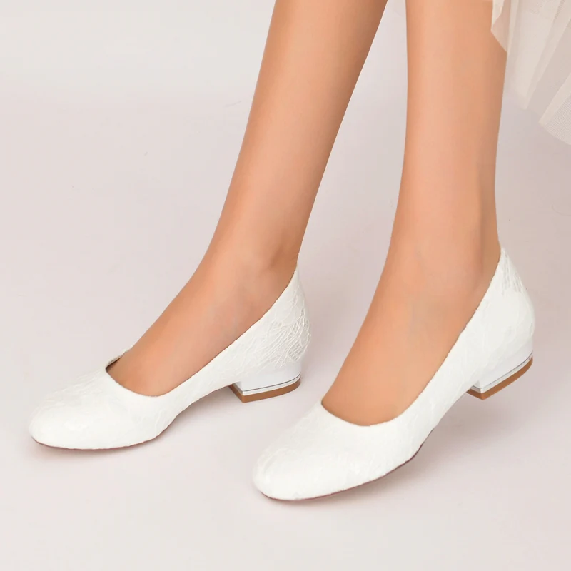 Women's Wedding Shoes White Round Toe Flat Heel Lace Minimalist Bridal Shoes - QUGEX