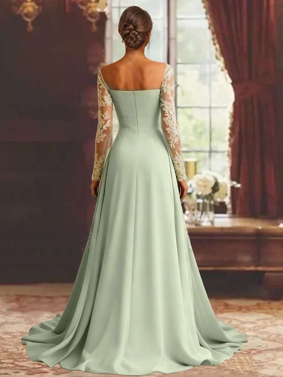 Sheath/Column Long Sleeves Floor-Length Mother of the Bride Dresses Lace Appliques - QUGEX