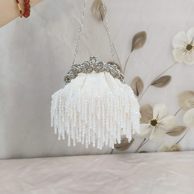 Beige Retro Silk Elegant Chain Evening Hand Bag with Beadings & Tassels - QUGEX
