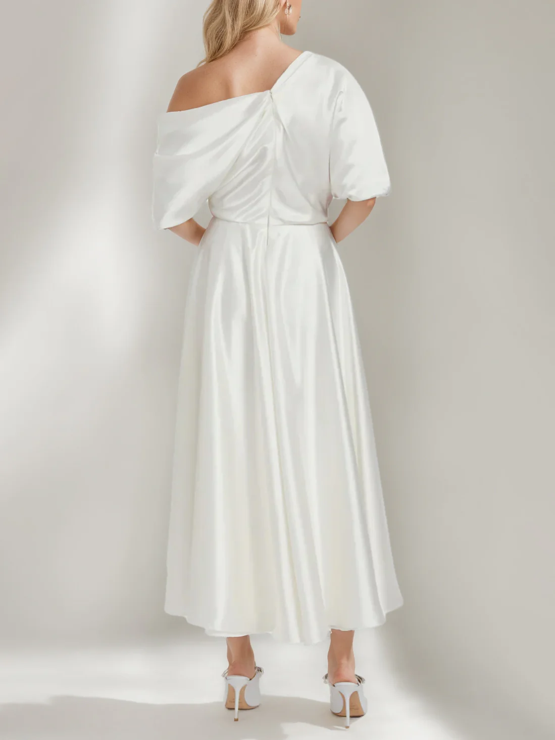 A-Line/Princess One-Shoulder Half Sleeves Ankle Length Wedding Dress With Ruffles - QUGEX