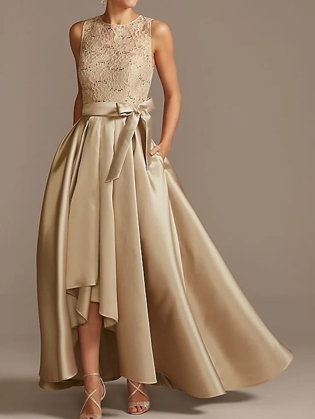 A-Line/Princess Jewel Neck Sleeveless Asymmetrical Mother Of The Bride Dresses With Pleats - QUGEX