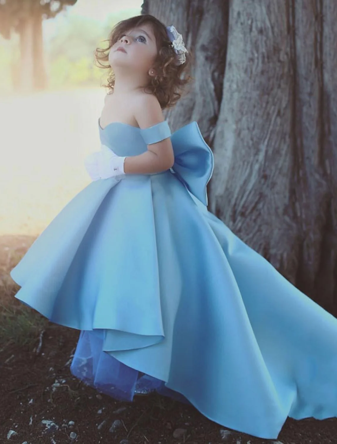 A-Line/Princess Off-the-Shoulder Satin Little Girl Dresses with Bowknot - QUGEX