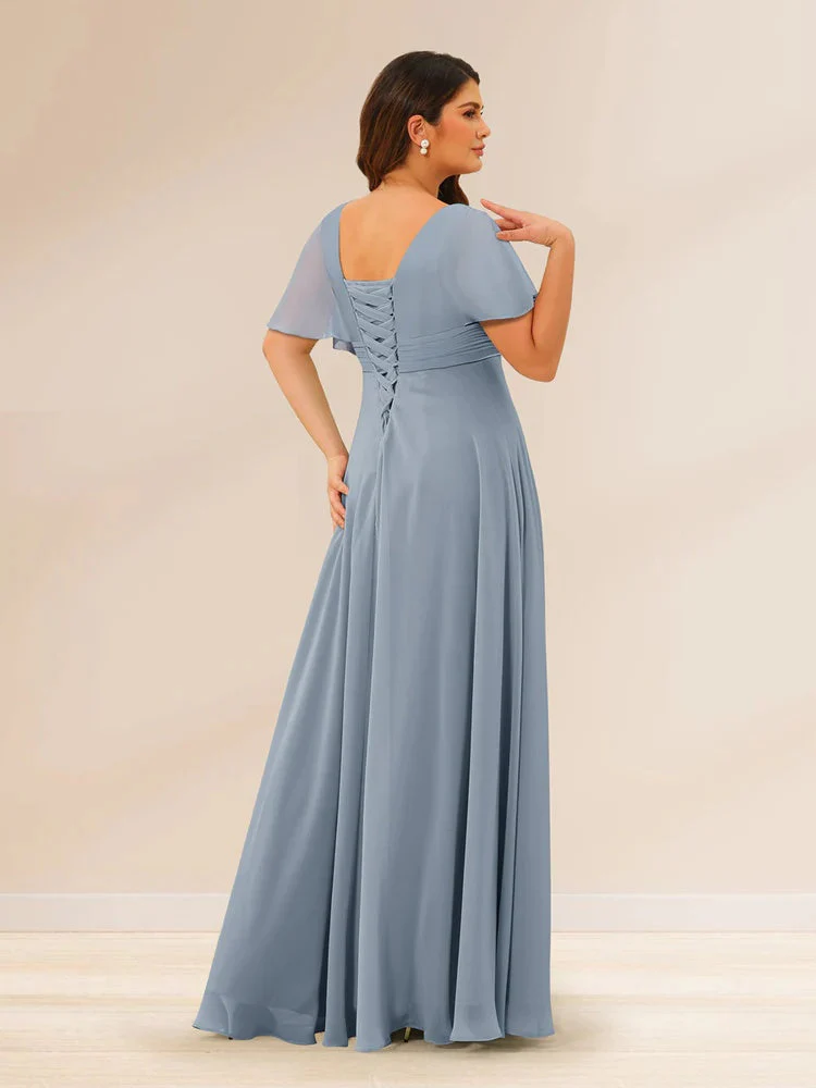 A-Line/Princess V-Neck Short Sleeves Plus Size Bridesmaid Dresses with Pockets - QUGEX