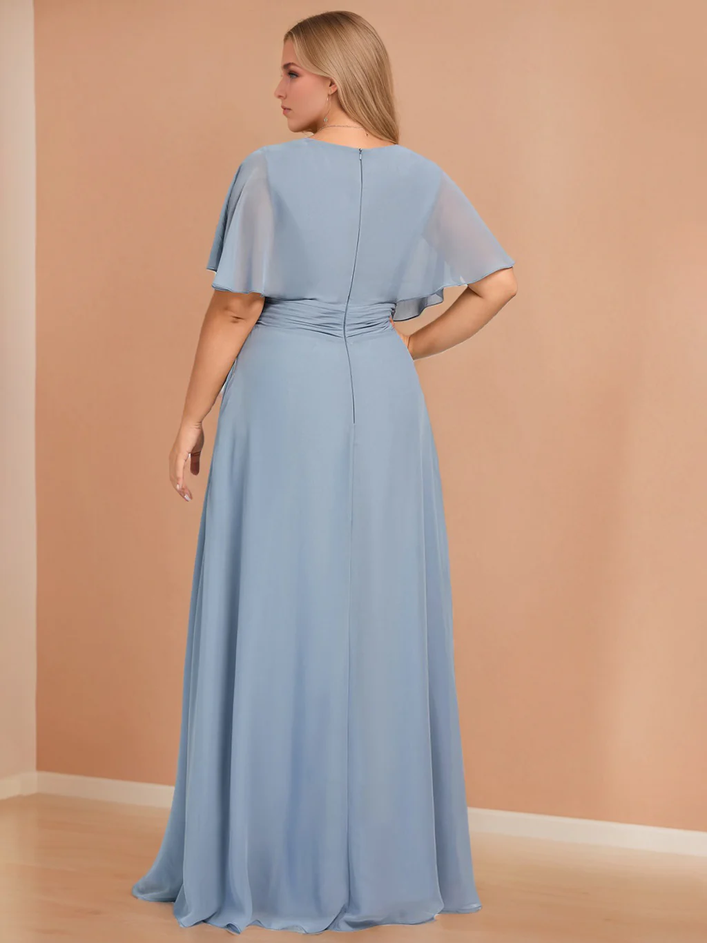 A-Line/Princess V-Neck Half Sleeves Floor-Length Chiffon Plus Size Bridesmaid Dresses with Ruffles - QUGEX