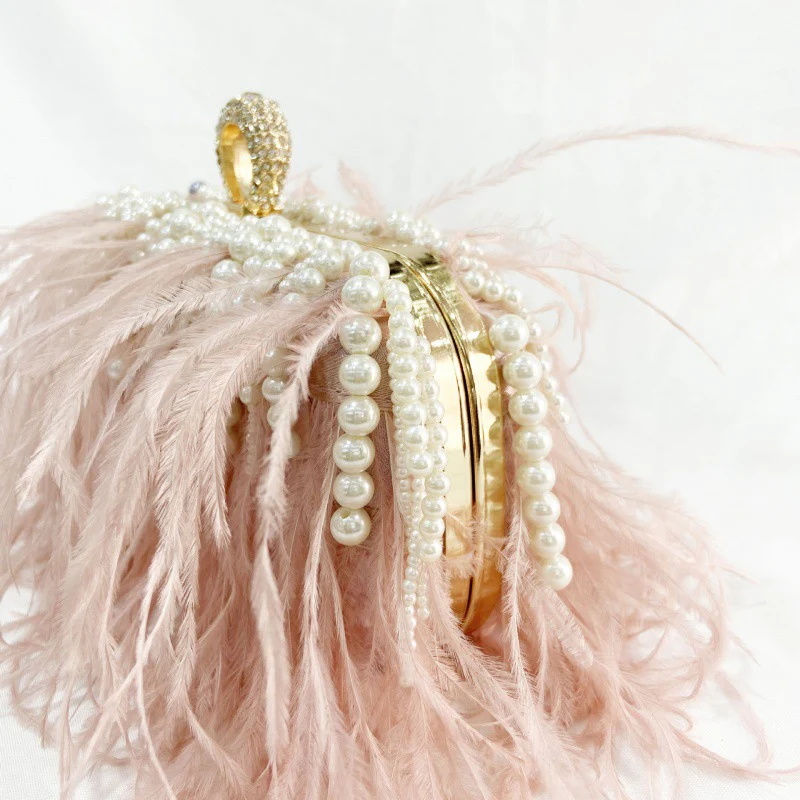 Pleated Chain Ostrich Feather Clutch Hand Bags - QUGEX