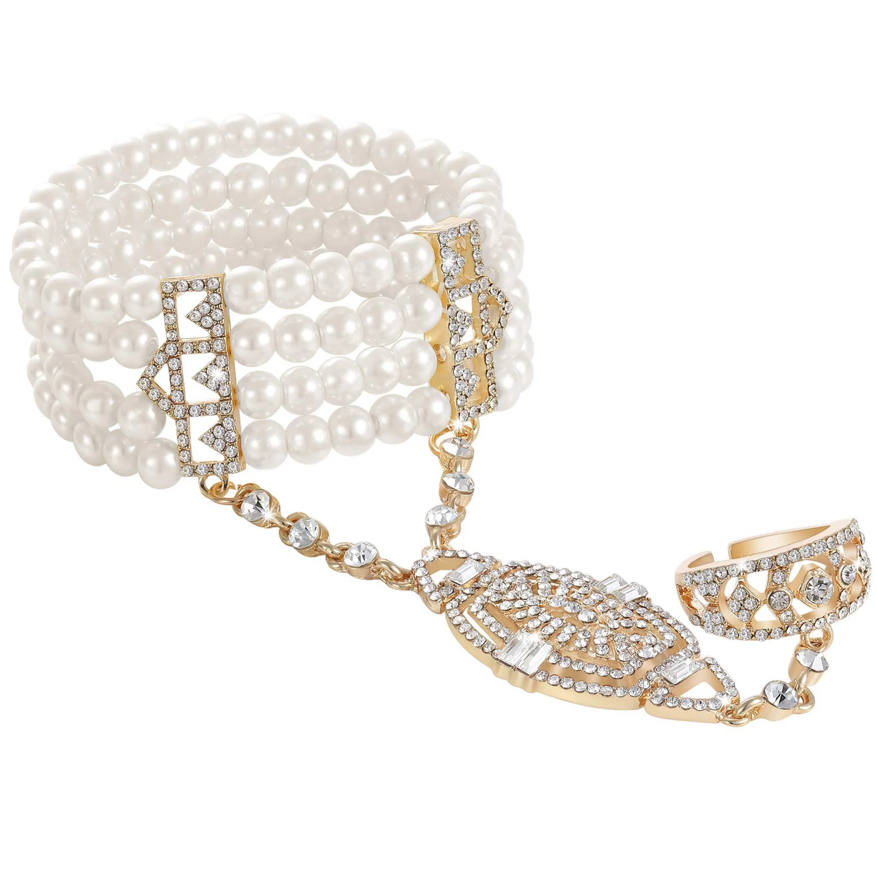 Jewelry Simple Rhinestone Luxury Pearl Ring Bracelet Set - QUGEX