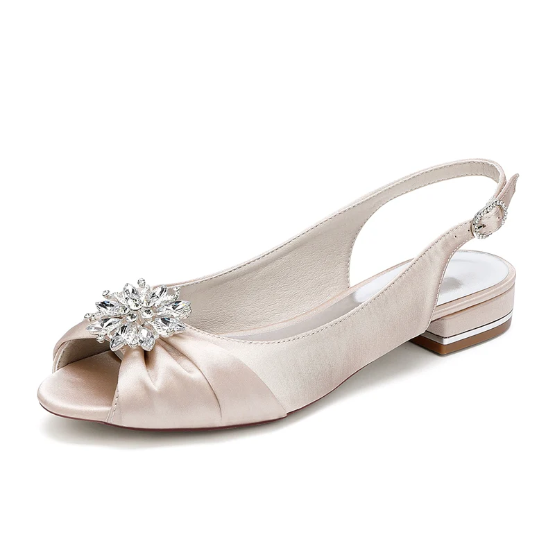 Women's Wedding Shoes Low Heel Peep Toe Buckle Bridal Shoes with Floral Crystals - QUGEX