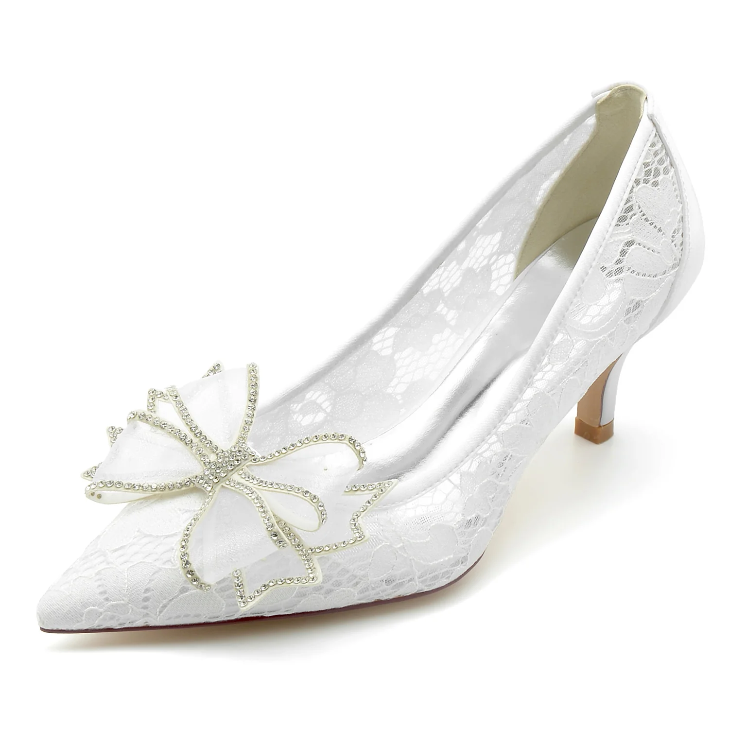 Women's Wedding Shoes Lace Bow Mid Pointed Toe Minimalist Bridal Shoes - QUGEX