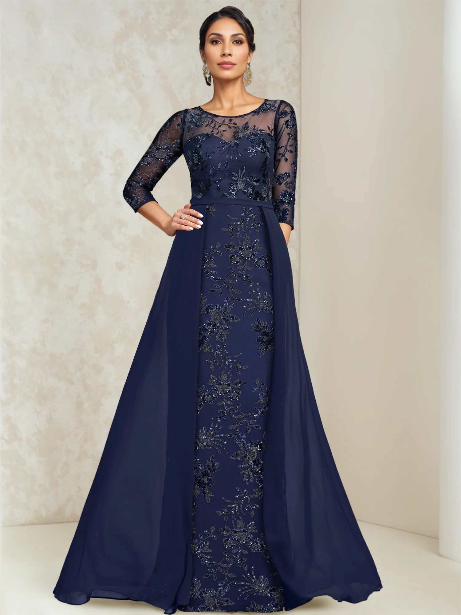 A-Line/Princess Scoop Lace Sequins Mother of the Bride Dresses Illusion - QUGEX