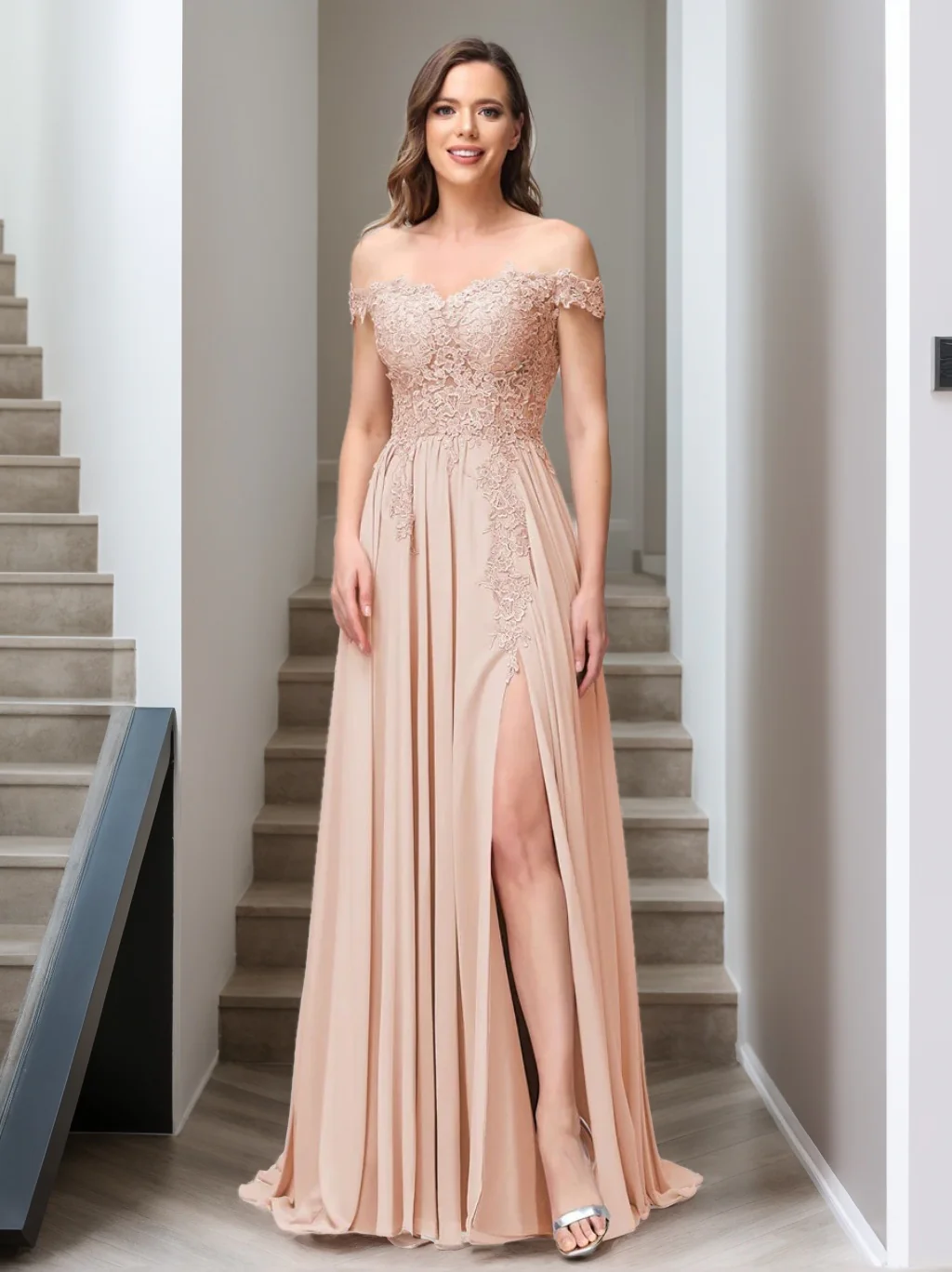 A-Line/Princess Off-the-Shoulder Sleeveless Long Bridesmaid Dresses with Side Slit & Appliqued - QUGEX