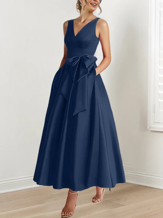 A-Line/Princess V-Neck Sleeveless Ankle-Length Mother of the Bride Dresses with Pockets & Ruffles - QUGEX