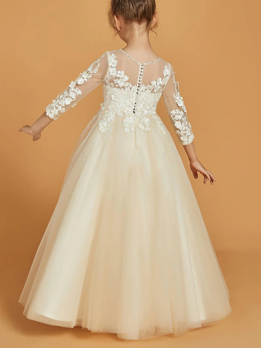 A-Line/Princess Scoop 3/4 Sleeves Flower Girl Dresses with Appliques & Pearl - QUGEX