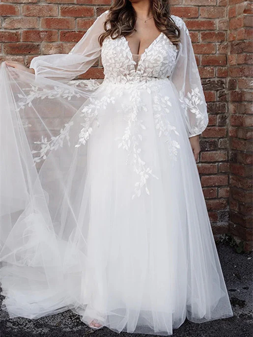 A-Line/Princess V-Neck Floor-length Wedding Dress - QUGEX