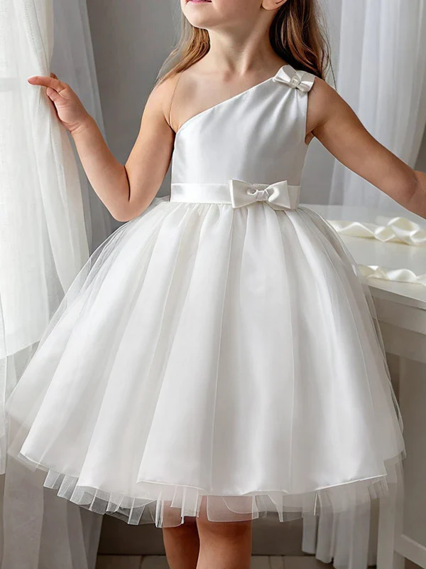 A-Line/Princess Satin One-Shoulder Sleeveless Knee-length Bow(s) Flower Girl Dresses - QUGEX