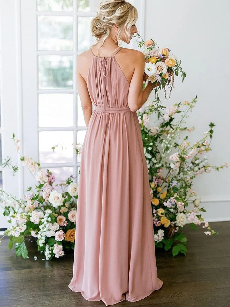 A-Line/Princess Halter Sleeveless Spaghetti Floor-Length Bridesmaid Dresses with Pockets - QUGEX