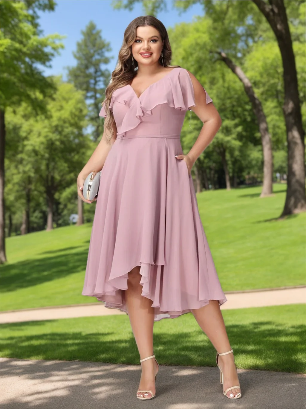 A-Line/Princess V-Neck Short Sleeves Chiffon High-Low Plus Size Bridesmaid Dresses with Pockets & Ruffles - QUGEX