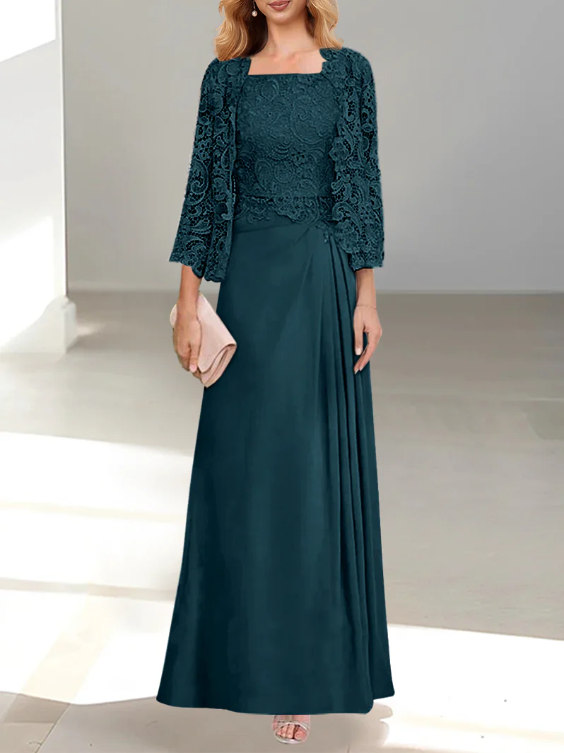 2 Pieces A-Line/Princess Scoop Floor-Length Mother of the Bride Dresses with Pleated & Lace Appliques - QUGEX