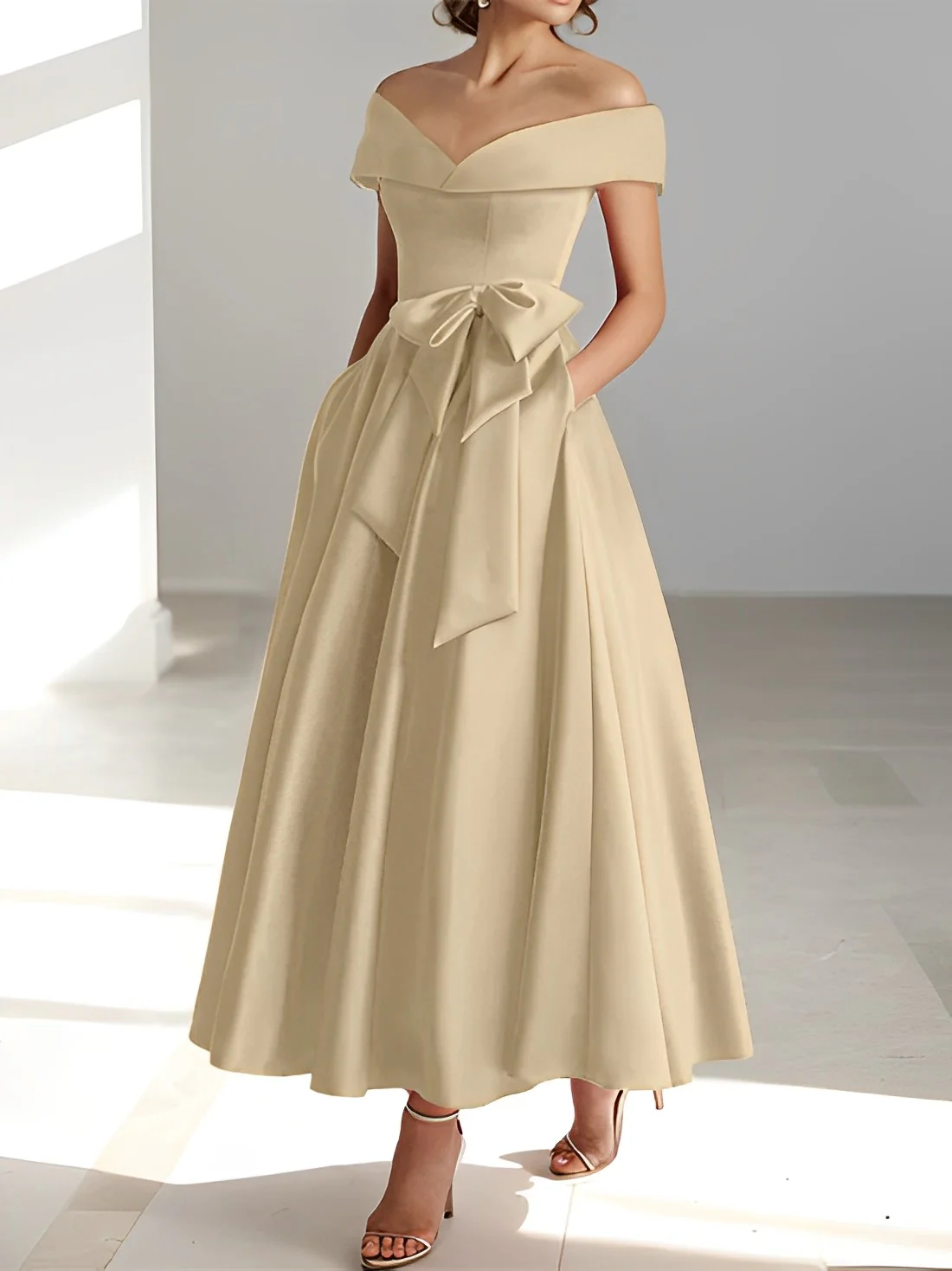 A-Line/Princess Off-the-Shoulder Sleeveless Ankle-Length Mother of the Bride Dresses with Pockets - QUGEX