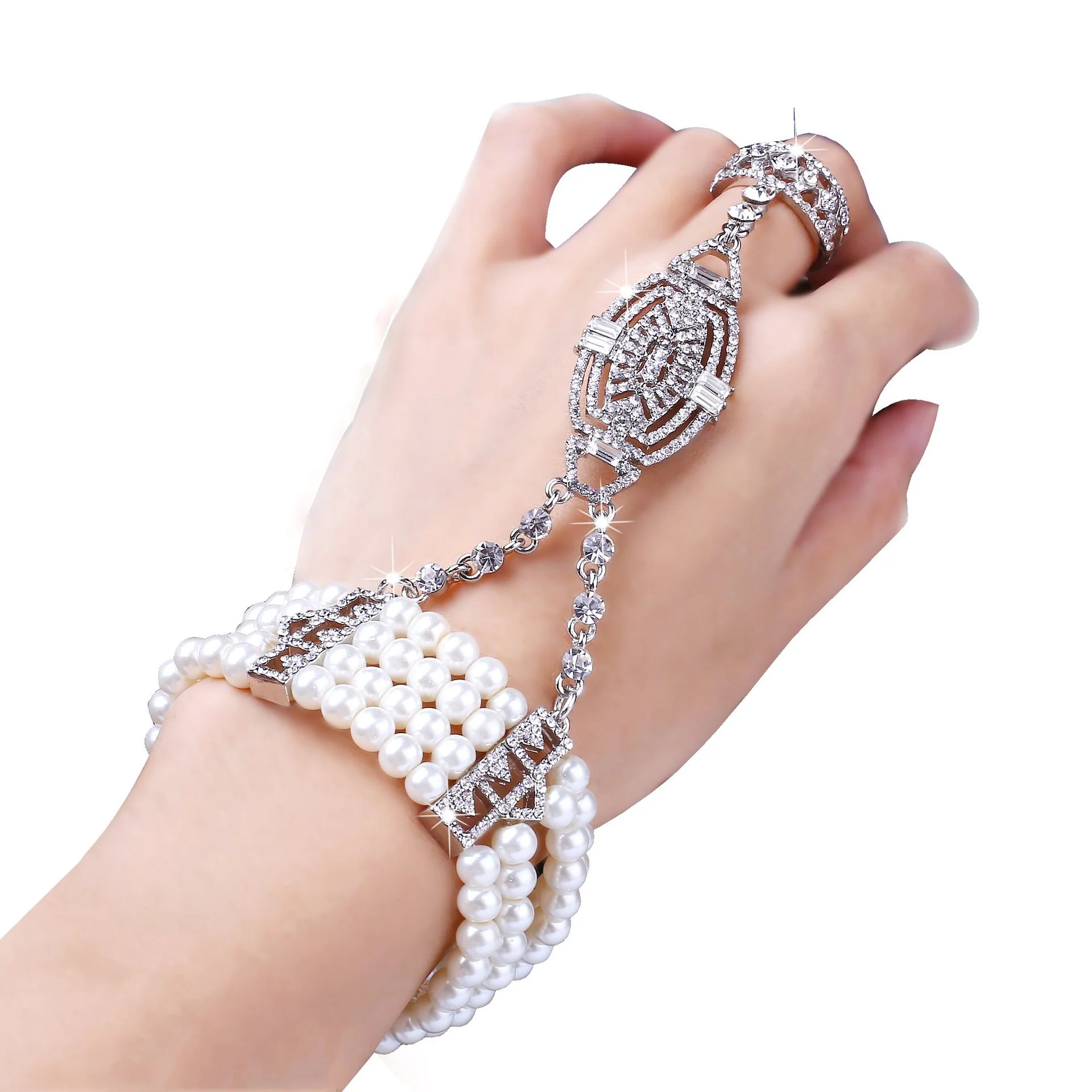 Jewelry Simple Rhinestone Luxury Pearl Ring Bracelet Set - QUGEX