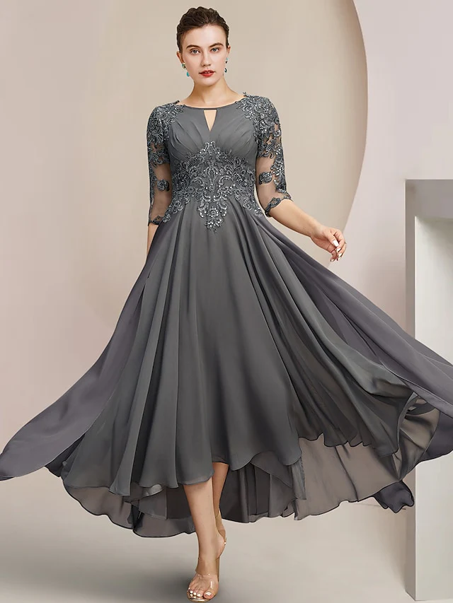 A-Line/Princess Scoop Tea-Length Mother of the Bride Dresses - QUGEX