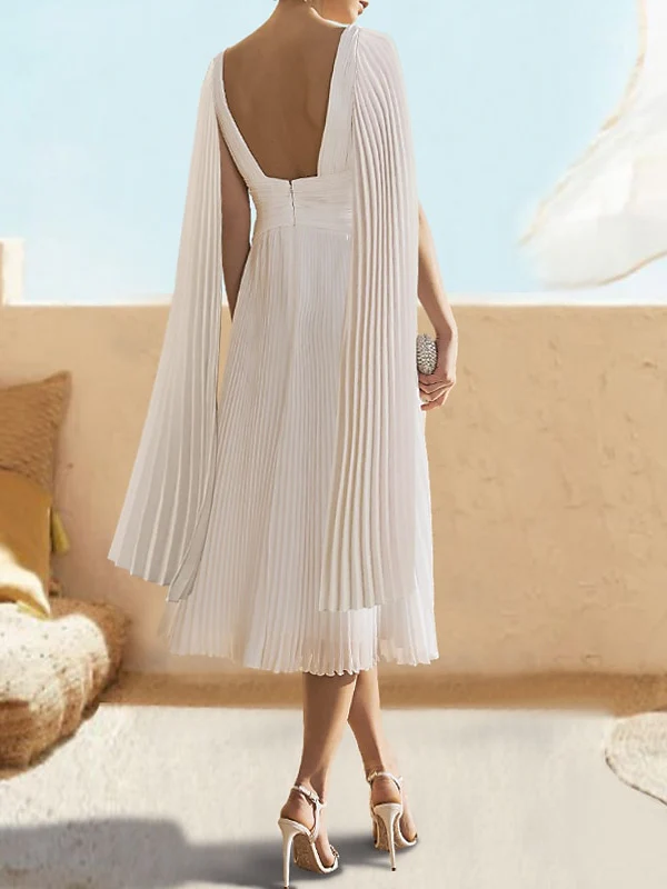 A-Line/Princess V-Neck Floor-Length Tea-Length Cocktail  Dress with Watteau Train - QUGEX