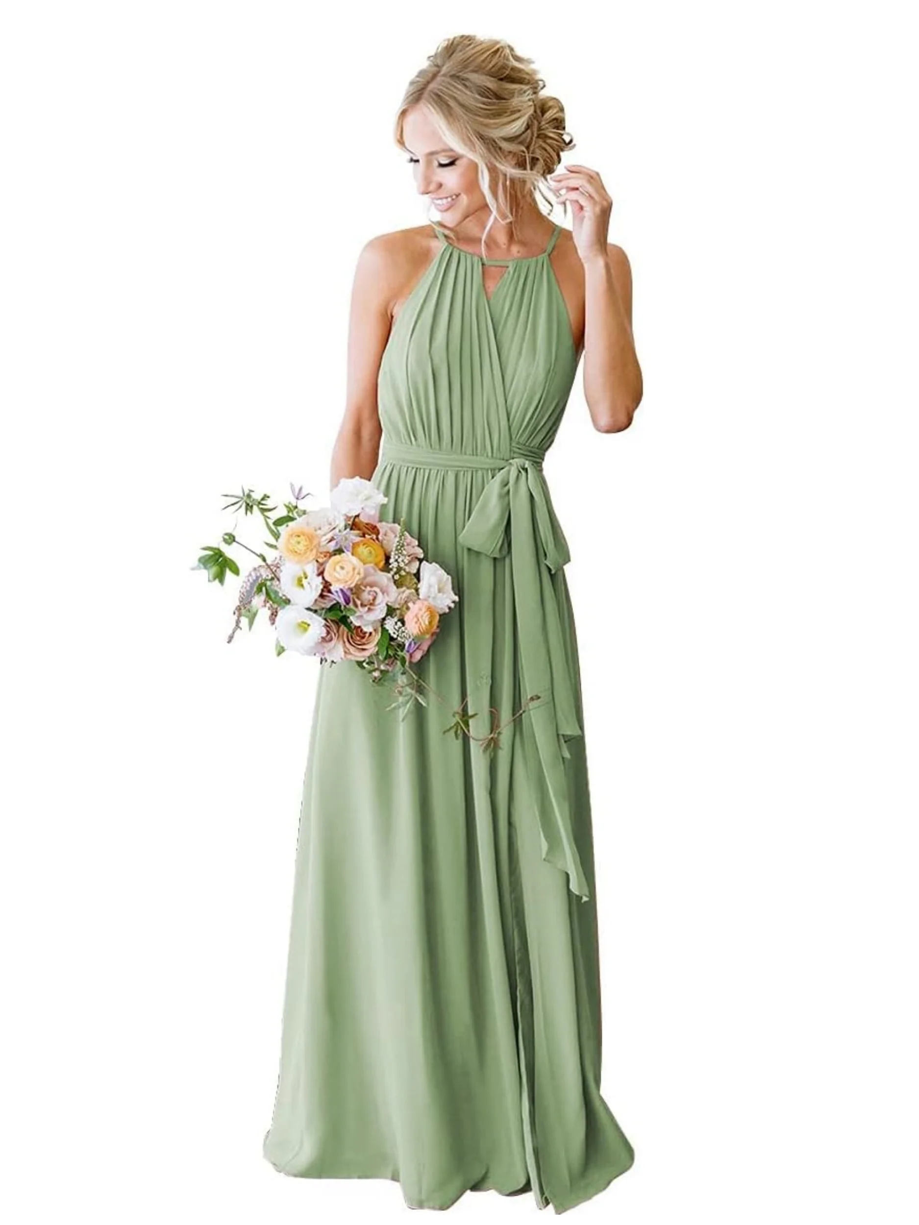 A-Line/Princess Halter Sleeveless Spaghetti Floor-Length Bridesmaid Dresses with Pockets - QUGEX