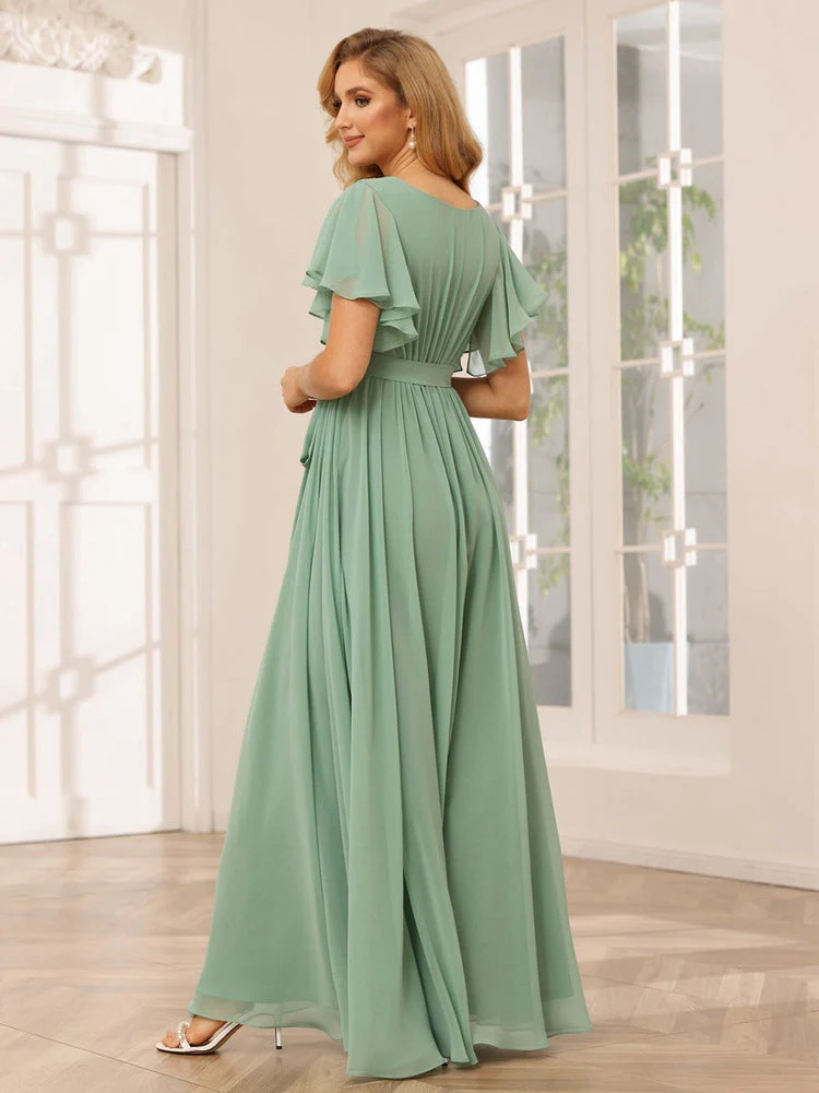A-Line/Princess V-Neck Short Sleeves Floor-Length Bridesmaid Dresses with Sash - QUGEX