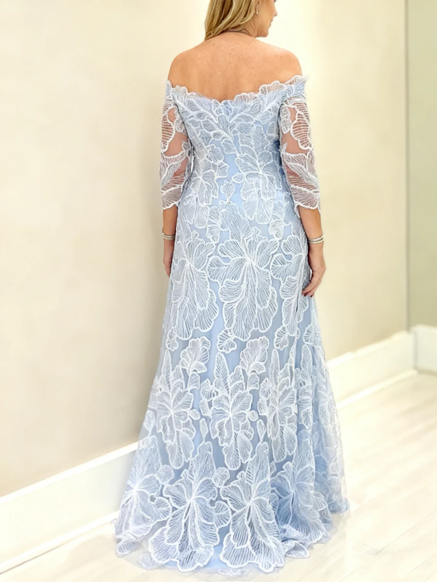 A-Line/Princess Off-the-Shoulder Lace Mother of the Bride Dresses 3/4 Sleeves Floor-Length - QUGEX
