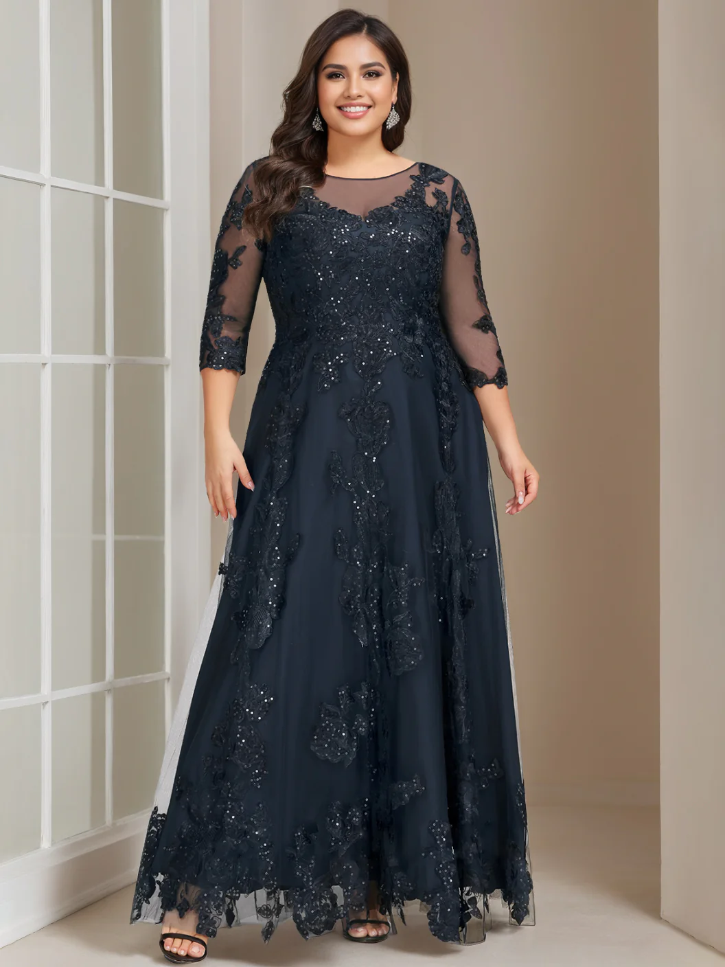 A-Line/Princess Scoop 3/4 Length Sleeves Floor-Length Plus Size Mother of the Bride Outfits with Sequins - QUGEX