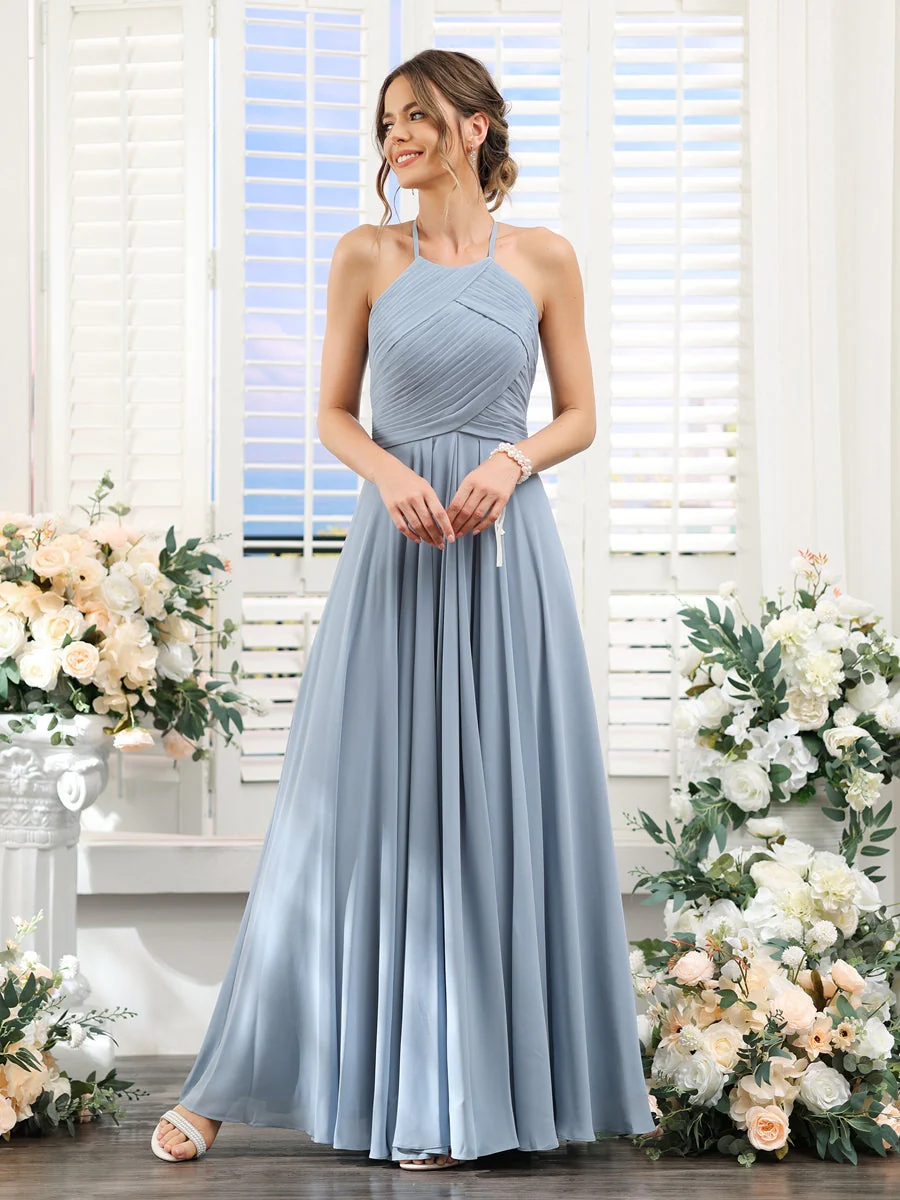 A-Line/Princess Halter Sleeveless Floor-Length Chiffon Bridesmaid Dresses with Ruched - QUGEX