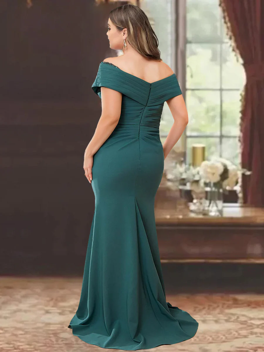 Sheath/Column Off-the-Shoulder Sleeveless Floor-Length Plus Size Mother of the Bride Dresses With Ruffles - QUGEX