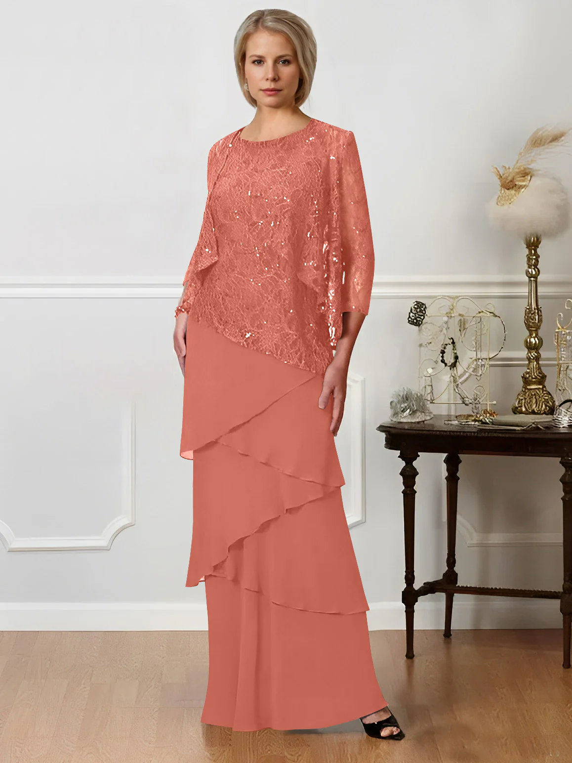 A-Line/Princess Jewel Neck Floor-Length Mother of the Bride Dresses - QUGEX