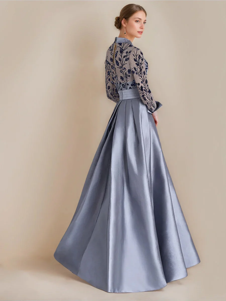 A-Line/Princess Shirt Collar Long Sleeves Floor-Length Mother of the Bride Dresses with Appliques & Flower Belt - QUGEX