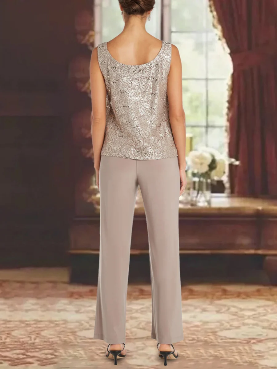 Chiffon Scoop 3/4 Sleeves Mother of the Bride Pantsuits with Lace Jacket Ankle-Length - QUGEX