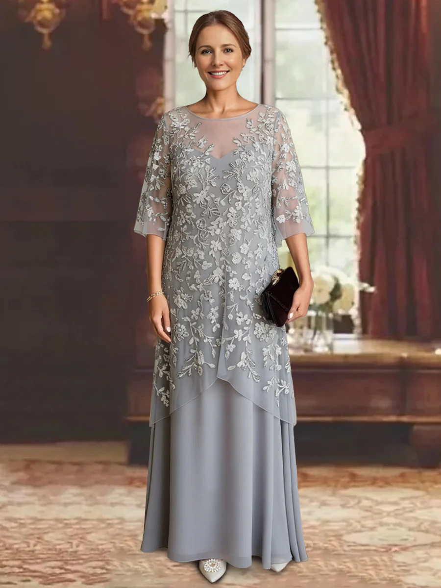 A-Line/Princess Chiffon Half Sleeves Lace Mother of the Bride Dresses Ankle-Length - QUGEX