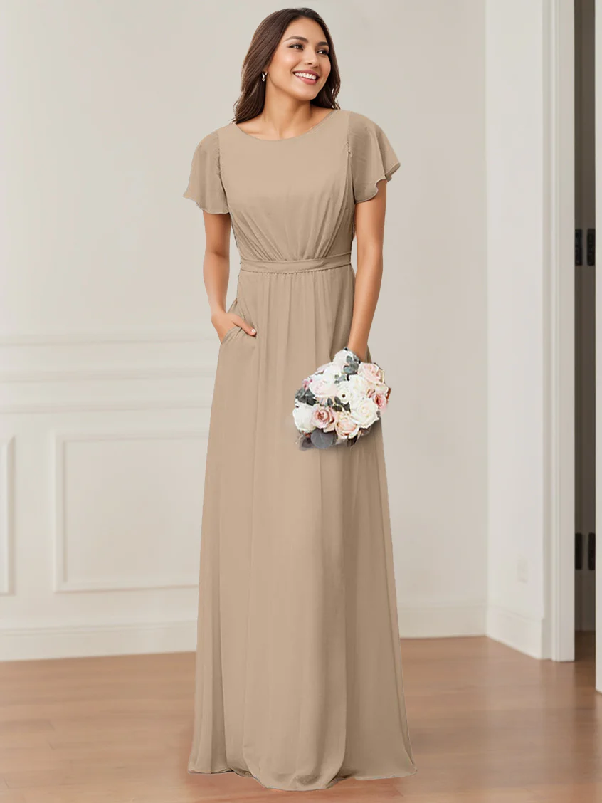 A-Line/Princess Scoop Neck Short Sleeves Floor-Length Bridesmaid Dresses with Pocket & Ruffles - QUGEX