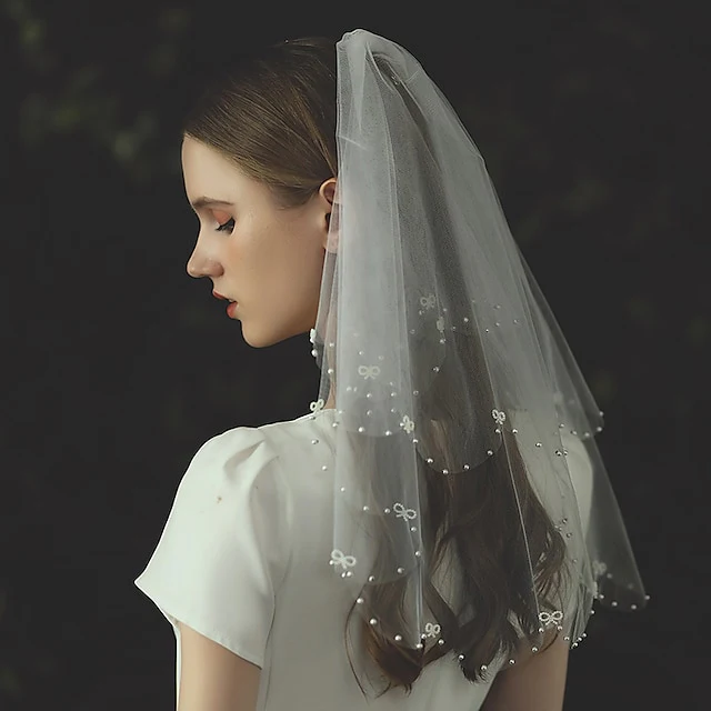 Two-tier Cute / Stylish / Birthday Wedding Veil  with Faux Pearl Tulle - QUGEX