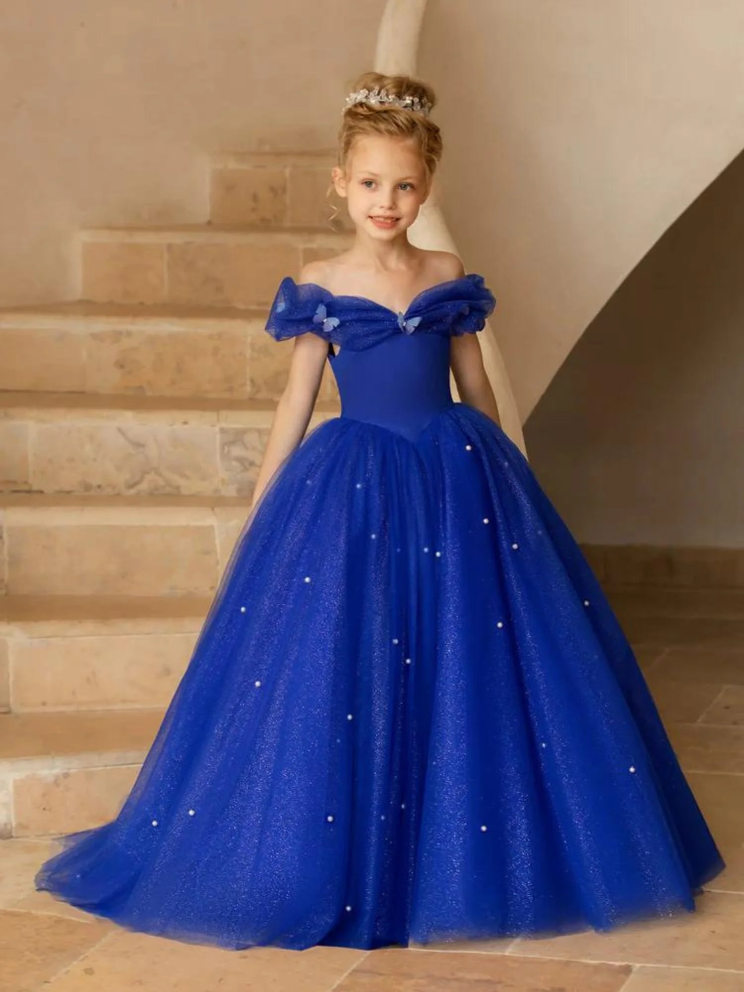A-Line/Princess Off-the-shoulder Short Sleeves Floor Length Flower Girl Dresses with Pearls - QUGEX