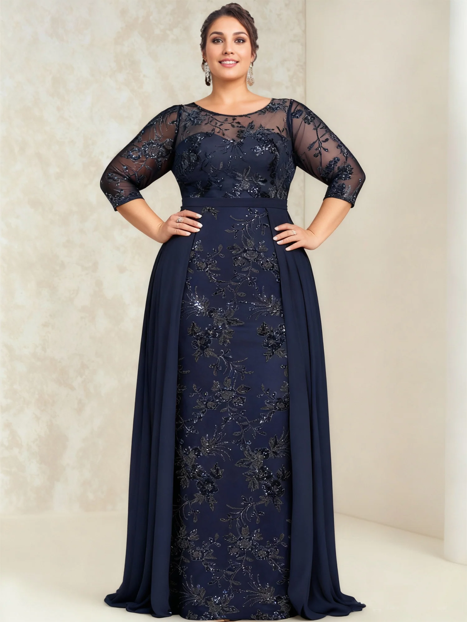 A-Line/Princess Lace Sequins Plus Size Mother of the Bride Dresses Illusion Floor-Length - QUGEX