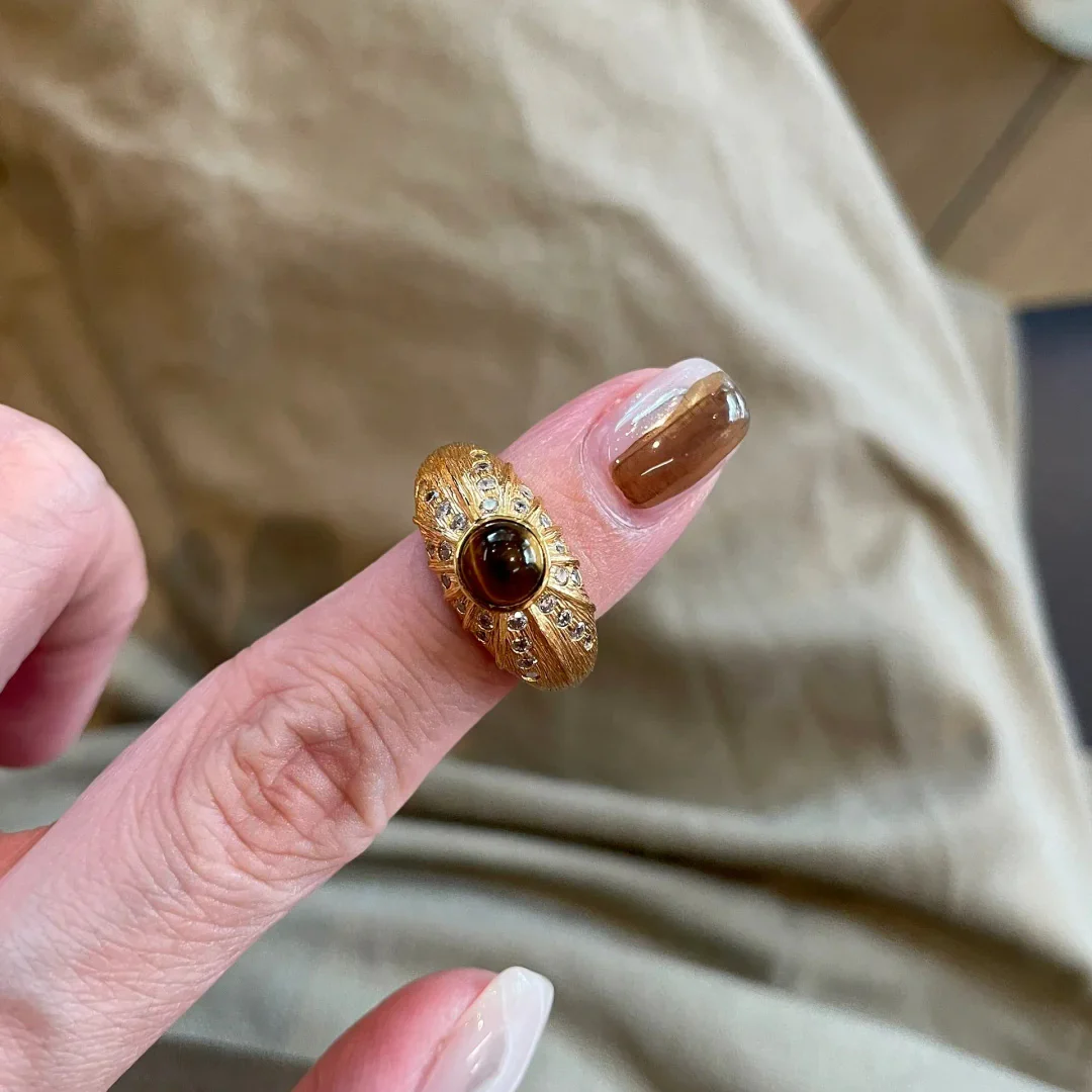 Vintage Luxury Natural Tiger Eye Sparkling Rhinestone Ring - QUGEX